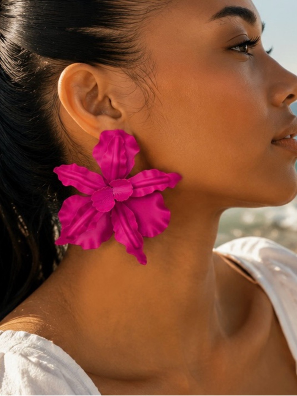 Hot Pink Oversized Floral Statement Earrings Tropical Flower Dangles